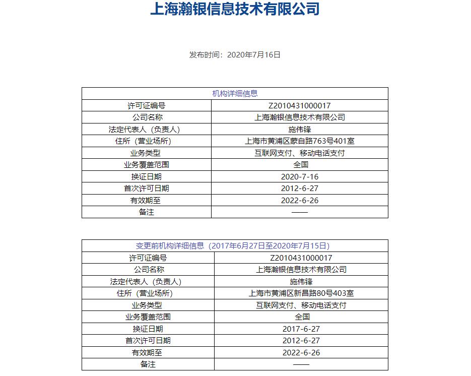 瀚银信息技术有限公司的牌照